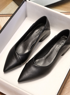 空姐工作鞋女黑色皮鞋粗跟尖头上班久站不累脚软底舒适职业面试鞋