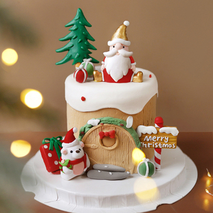 美式 饰红金大胡子老人毛毡围巾小熊插牌插件 风圣诞节烘焙蛋糕装