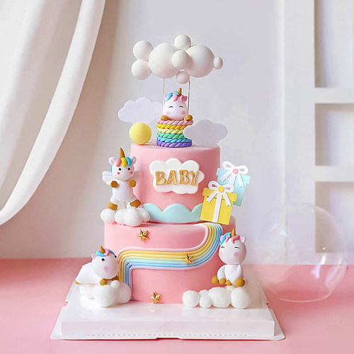 烘焙蛋糕装饰玩偶摆件独角兽女孩彩虹蜡烛亚克力插牌生日派对甜品