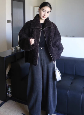慵懒风韩版羊羔毛毛外套女短款2024冬季皮草外套宽松翻领皮毛一体