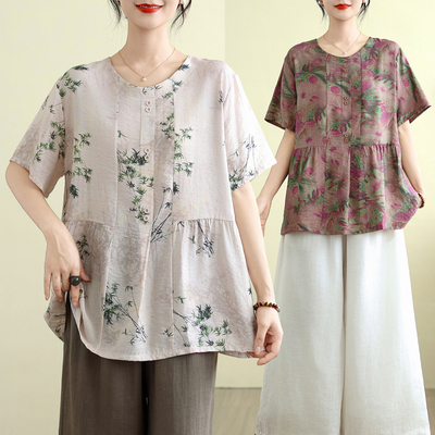 印花短袖T恤女宽松中老年女胖MM女装上衣夏大码女装妈妈装225斤