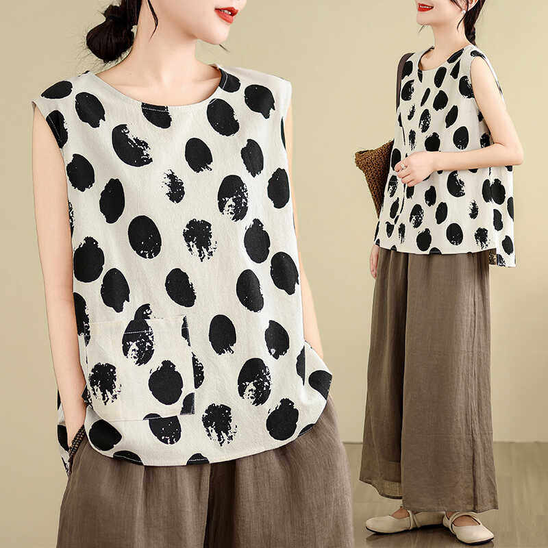 夏季新款复古文艺夏季波点棉麻背心宽松大码无袖上衣吊带T恤衫女,女装/女士精品,背心吊带,淘宝优惠券,粉丝福利购,淘宝优惠卷
