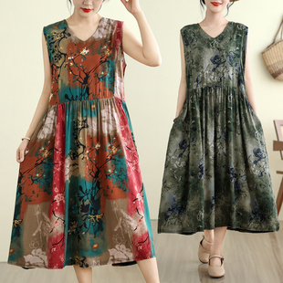 棉绸连衣裙无袖夏季新款民族风印花度假背心大码裙子妈妈女裙中长