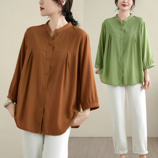 夏秋新款大码女装宽松中老年妈妈开衫衬衫七分袖上衣遮肚防晒衫女