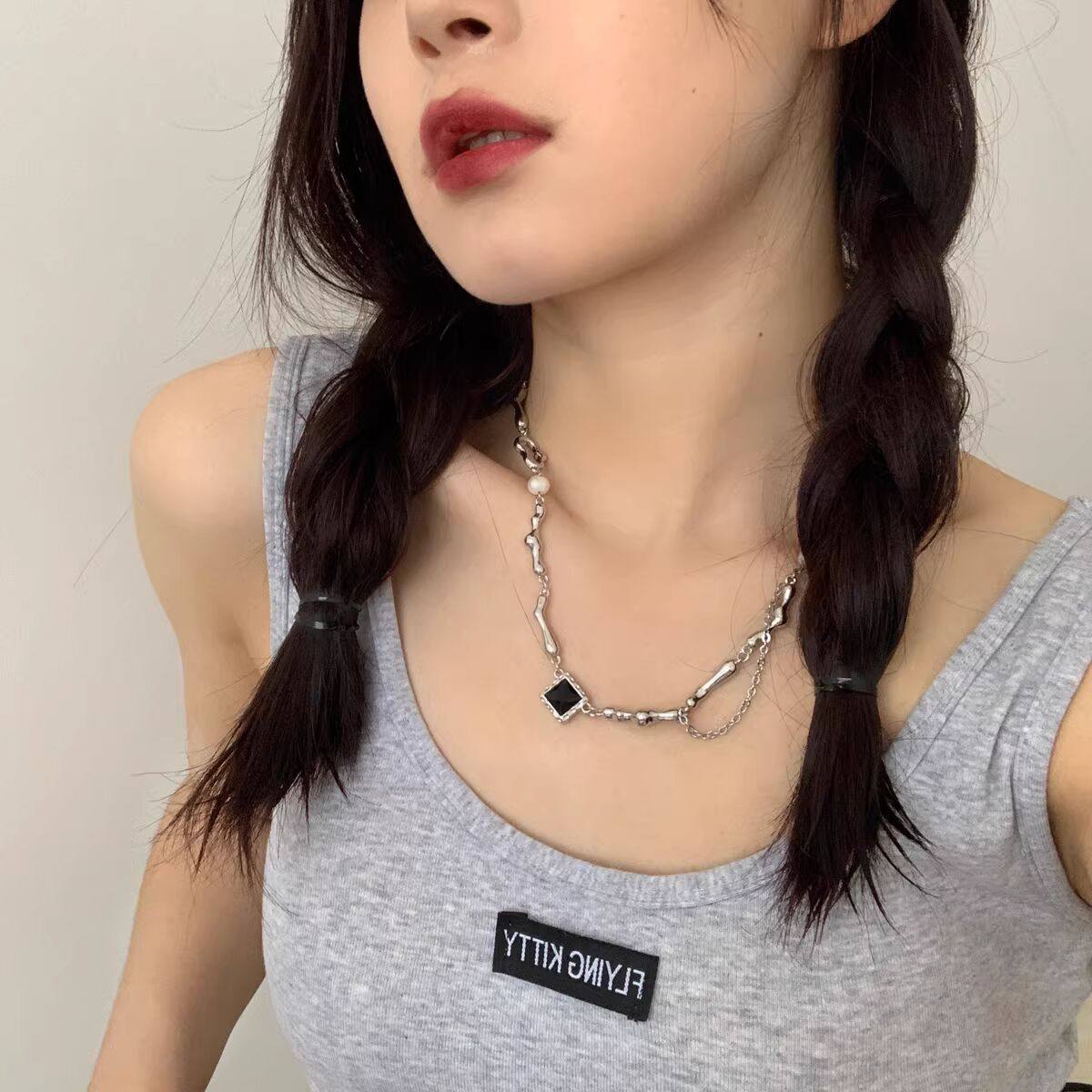 巴洛克珍珠黑锆石项链女ins嘻哈冷淡风辣妹锁骨链配饰