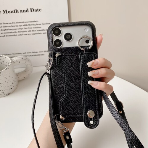 日韩皮质腕带卡包适用苹果18promax手机壳带斜挎挂绳iPhone17pro简约新款16plus卡槽15高级感14防摔13保护套