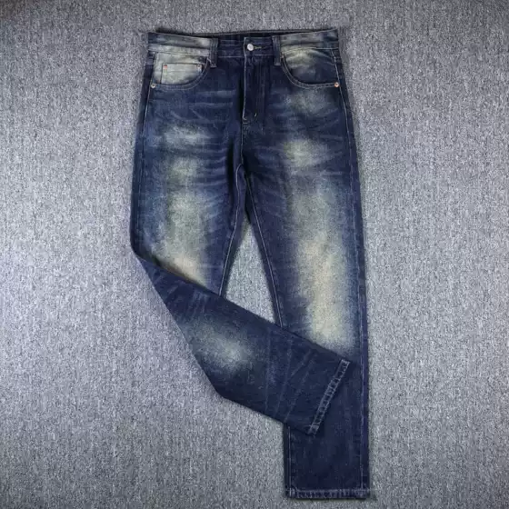 Yellow Mud Color Double R Retro Straight-Leg Jeans, Washed and Distressed with White Highlights, Thickened Leather Waist Tag