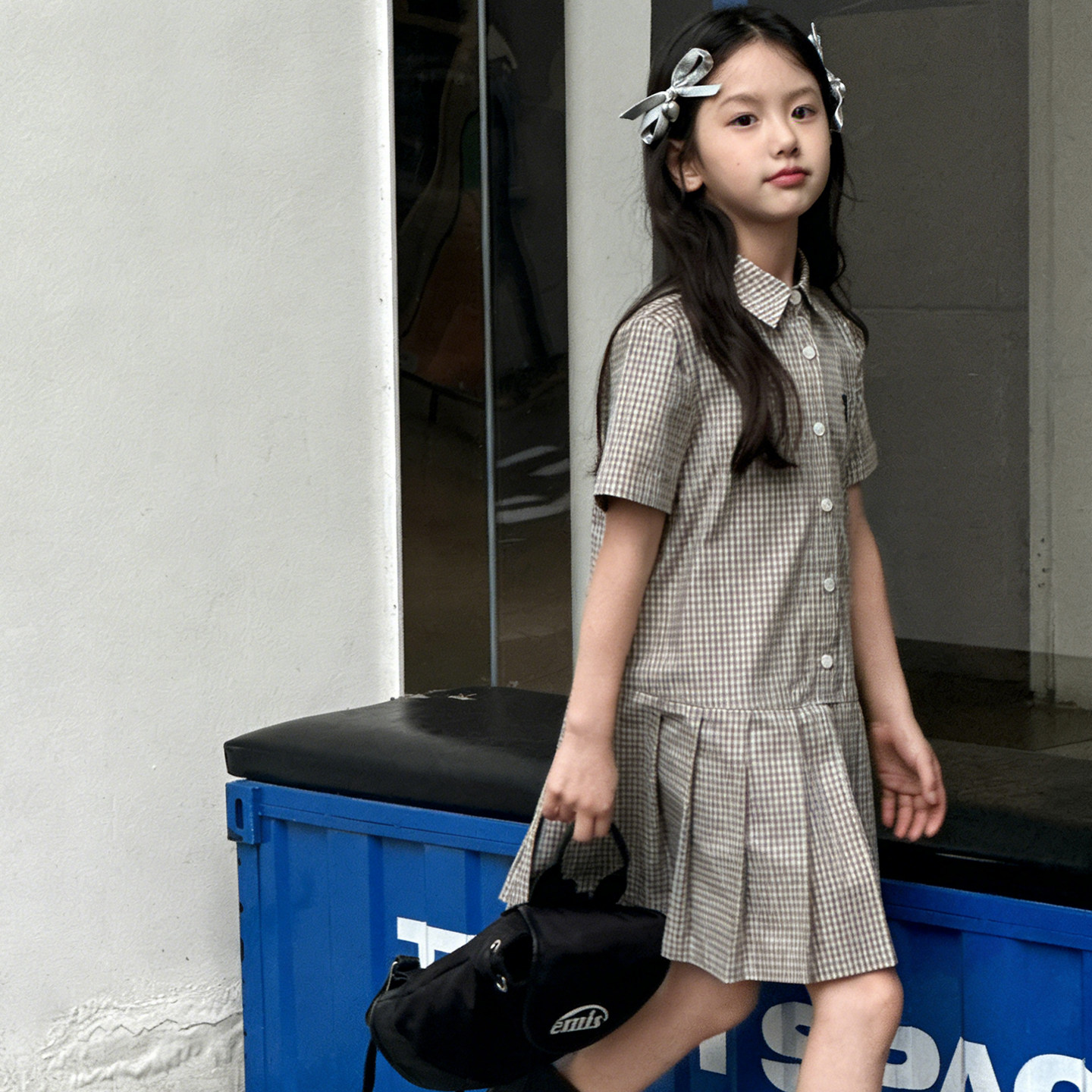 NIESSING尼辛夏季新款纯棉学院风千鸟格衬衫裙女童短袖百褶连衣裙