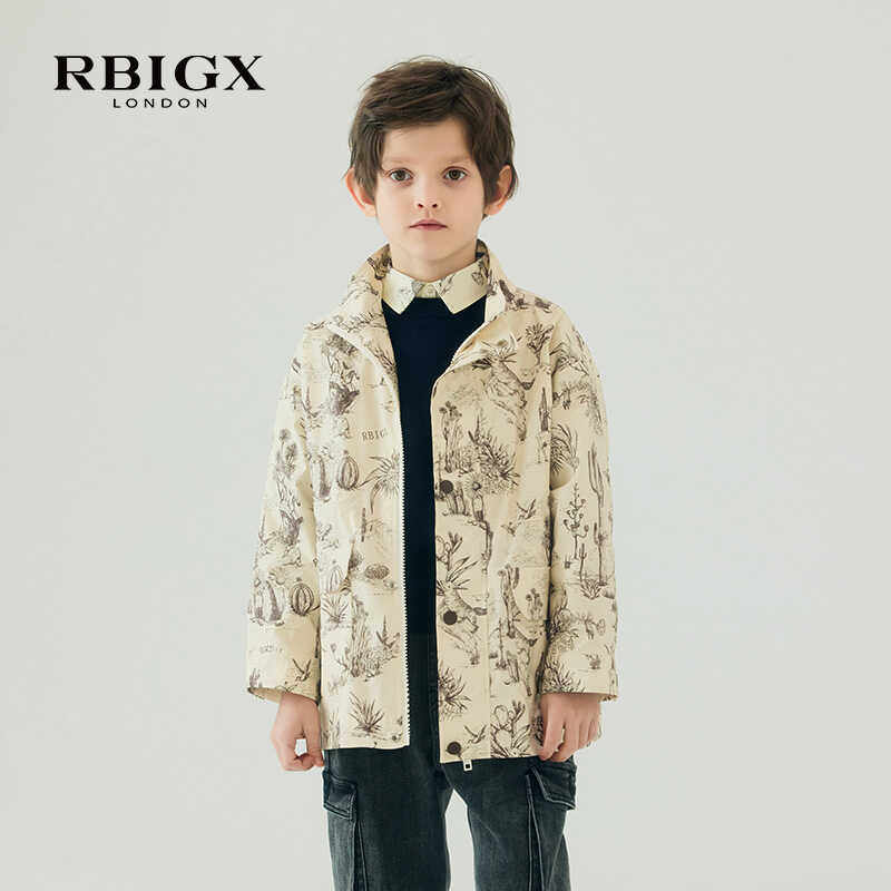 RBIGX瑞比克童装秋季新款英伦风印花宽松绅士儿童外套男童风衣
