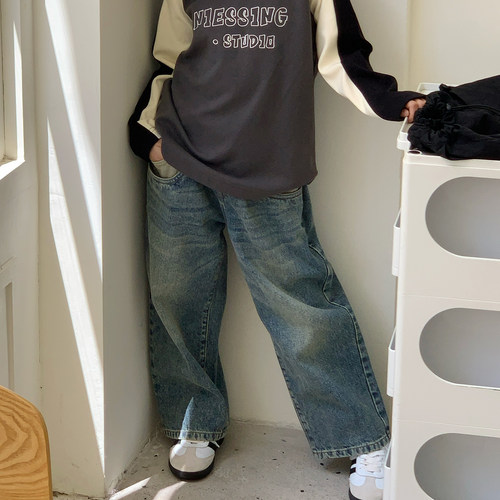 尼辛美式复古阔腿牛仔裤