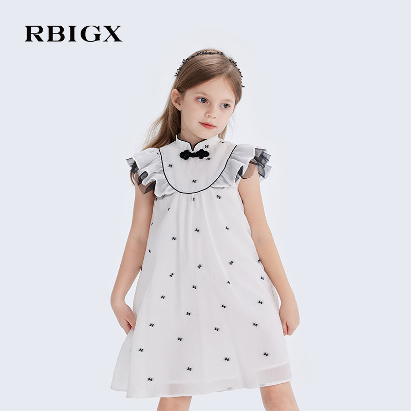 RBIGX瑞比克童装夏季新款蝴蝶结提花撞色新中式国风女童连衣裙
