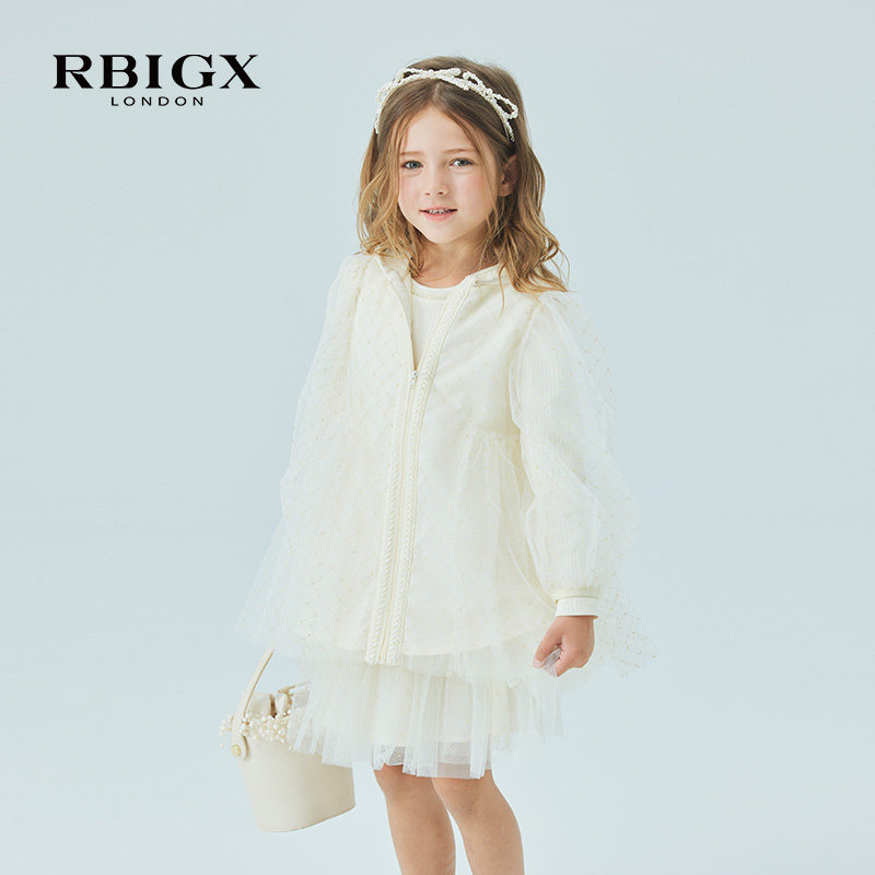 rbigx瑞比克童装春季新款网纱拼接设计感女童钉珠织带连帽外套