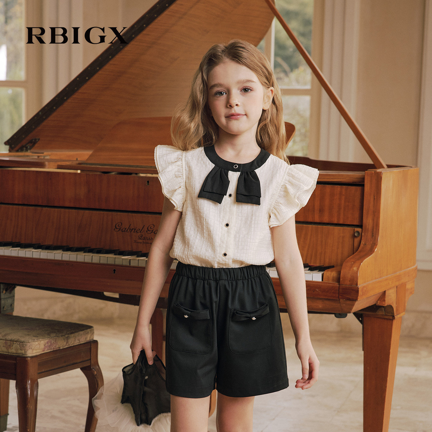 RBIGX瑞比克童装夏季新款法式蝴蝶结女童短袖衬衫甜美千金风上衣