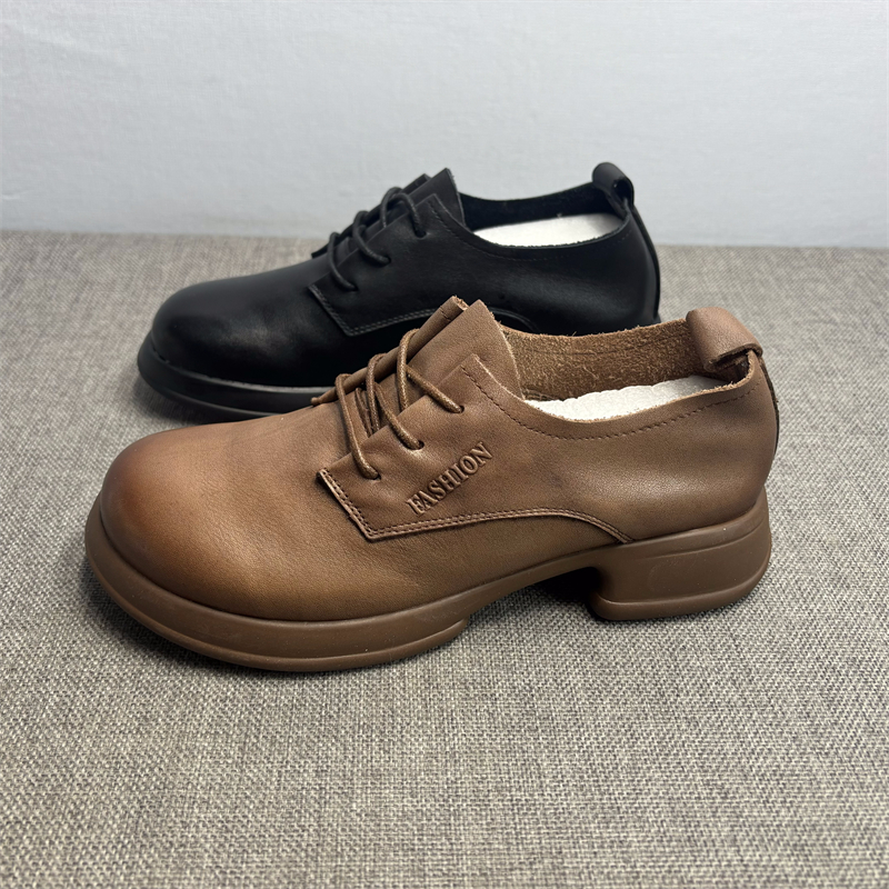 头层牛皮乐福鞋女英伦风系带单鞋