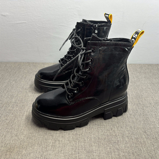 38码 处理内增高马丁靴女秋冬加绒松糕厚底黑色亮面百搭短靴 断码