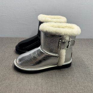 加绒水钻方扣保暖棉鞋 撤柜软牛皮防水真皮雪地靴女冬季 断码 3638码