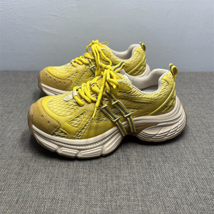 撤柜处理真皮网面透气老爹鞋女夏季厚底增高擦色做旧运动休闲鞋