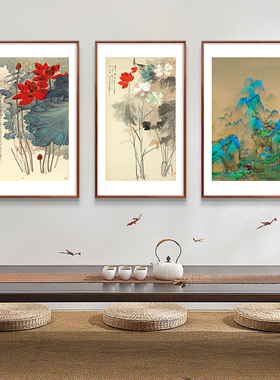 花卉山水玄关沙发背景墙 竖版装饰画新中式中国风