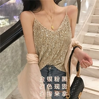 Áo xuân hè 2019 mới gợi cảm đính sequin áo sơ mi kẻ sọc Mặc đẹp lưng lửng cổ chữ V nhỏ - Áo ba lỗ thời trang nữ