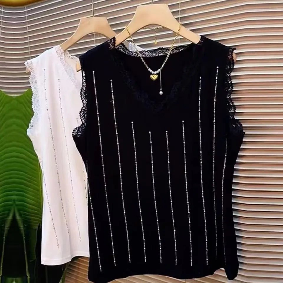 蕾丝V领2023年夏季惊艳修身内搭镶钻吊带背心女黑色无袖打底衫女