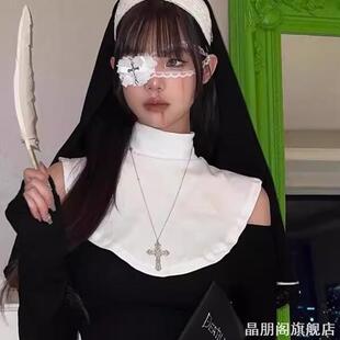万圣节哥特白色蝴蝶结十字架蕾丝眼罩cos修女Lolita朋克拍照饰品