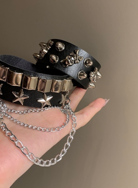 嘻哈女生男生街舞复古手链手环潮皮质手圈y2k小众朋克风配饰