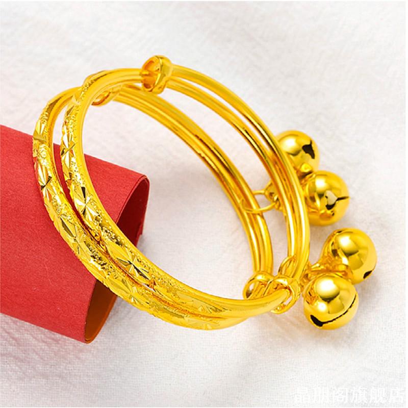 仿真黄金宝宝手镯婴儿周岁满月儿童推拉沙金镯子拍照送礼道具首饰