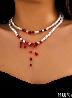 万圣节道具成人吸血鬼chocker滴血仿珍珠项链圈哥特风装扮配饰