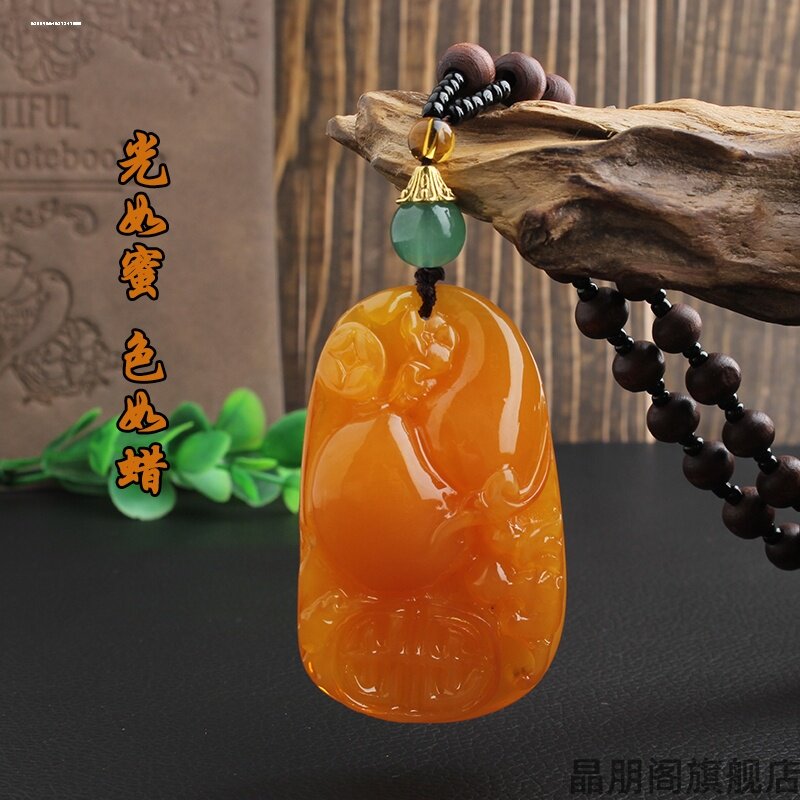 仿老蜜蜡吊坠女复古百搭鸡油黄仿蜜蜡水滴项链民族风长款毛衣链