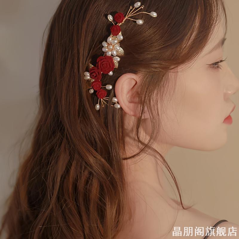 妈妈婚宴头饰气质红色山茶花发夹女后脑勺发卡喜婆婆旗袍新娘敬酒