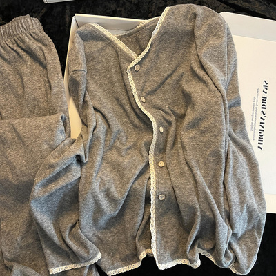 大码法式甜美风蕾丝长袖睡衣套装