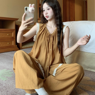 韩版 无袖 背心长裤 可外穿 甜美蕾丝家居服套装 女装 大码 胖mm睡衣夏季