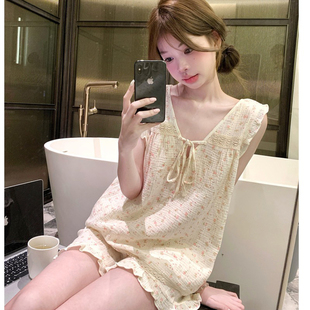 甜美蕾丝花边碎花家居服套装 大码 韩版 女装 学生 胖mm睡衣夏背心短裤
