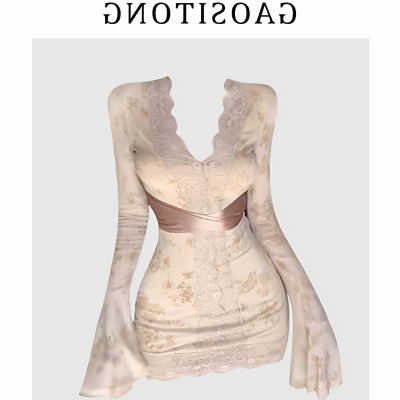 大码女装蕾丝拼接V领连衣裙