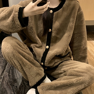 胖mm珊瑚绒睡衣秋冬棕色高级感加绒加厚法兰绒家居服套装 大码 女装