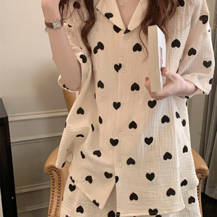 家居服套装 200斤大码 纯棉麻纱布爱心短袖 胖mm睡衣夏季 可外穿 女装