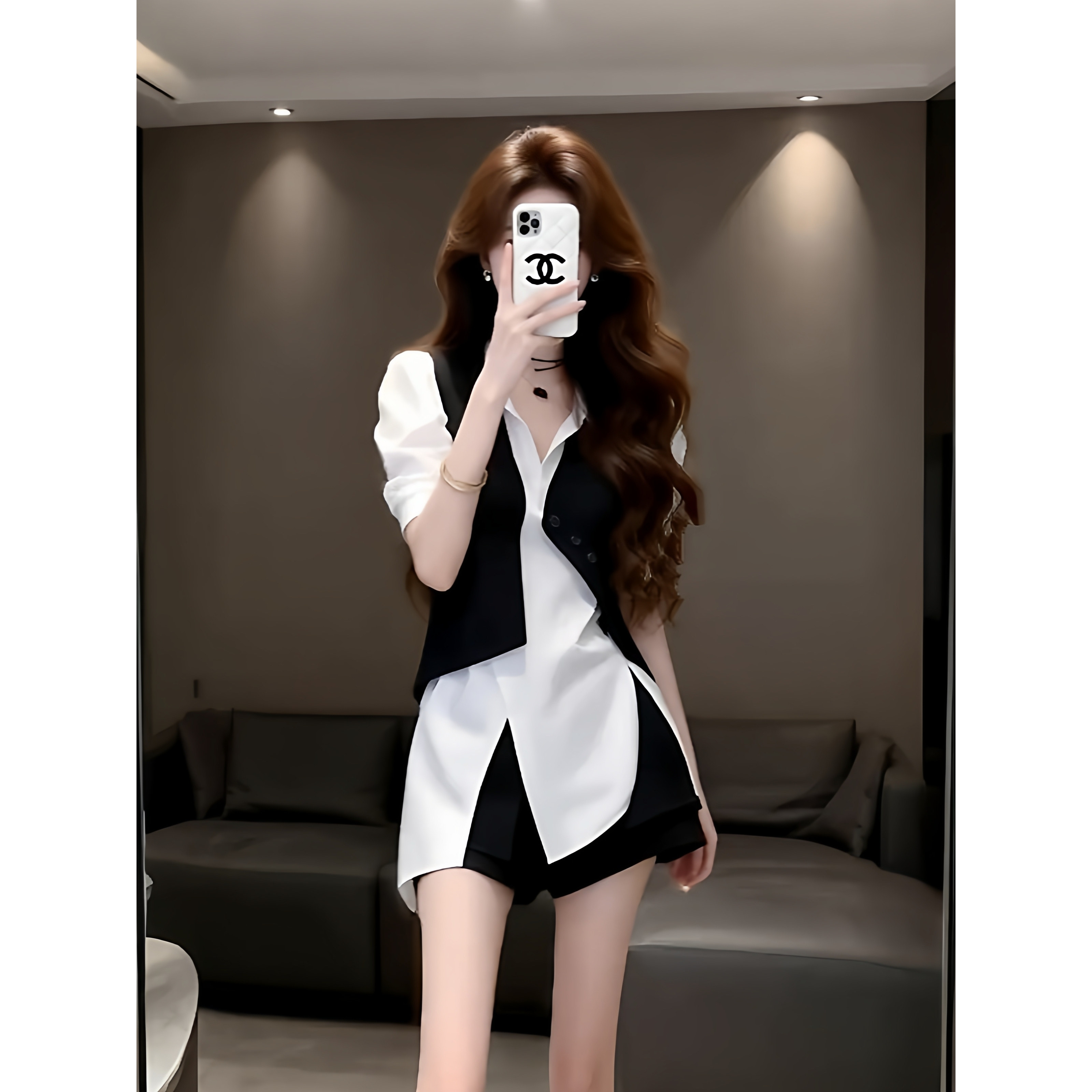 大码女装胖mm春季设计不规则Polo领短袖衬衫修身马甲时尚两件套女