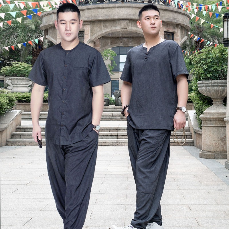 善圆棉麻居士服唐装夏季短袖t恤佛系套装男装中国风复古禅修汉服