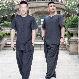 善圆棉麻居士服唐装夏季短袖t恤佛系套装男装中国风复古禅修汉服
