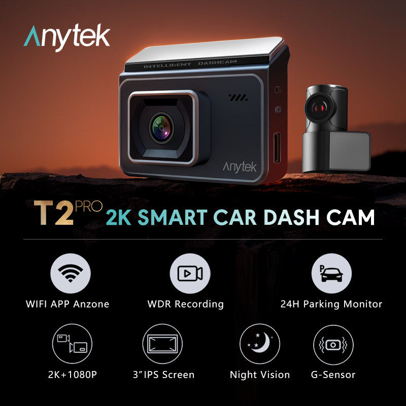 Anytek T2 Pro 2K DASH Cam Car DVR高清行车记录仪前后双录夜视