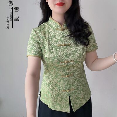 傲雪夏季绿色提花显瘦唐装上衣