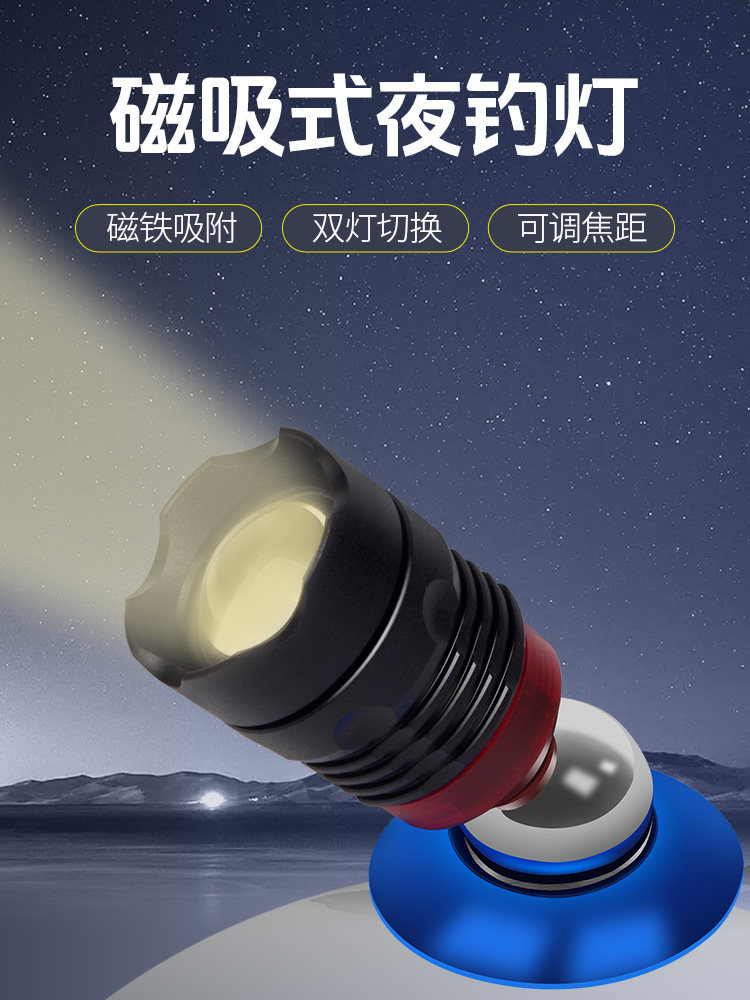 狼堡磁吸式钓鱼灯可调光夜钓灯变焦钓箱灯头蓝光黄光灯USB筏钓灯图片