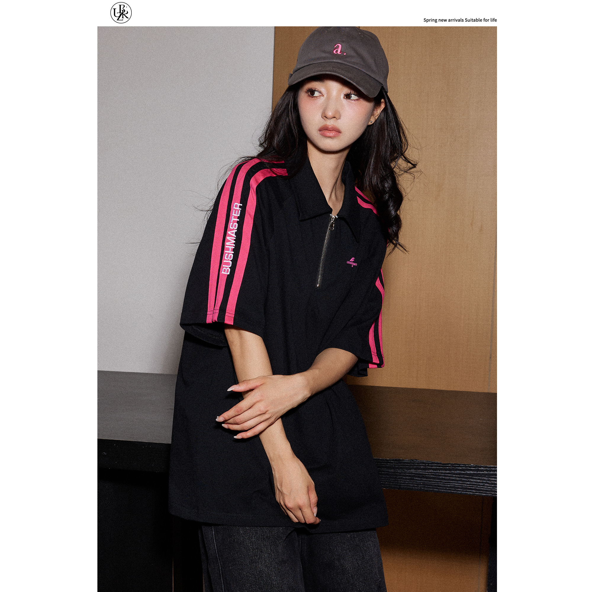 Beikastudios三道杠polo衫短袖T恤女黑色夏宽松纯棉美式复古运动t