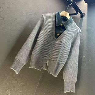 80斤 衣长50CM 140斤 牛仔拼接假两件针织套头 2024年新款