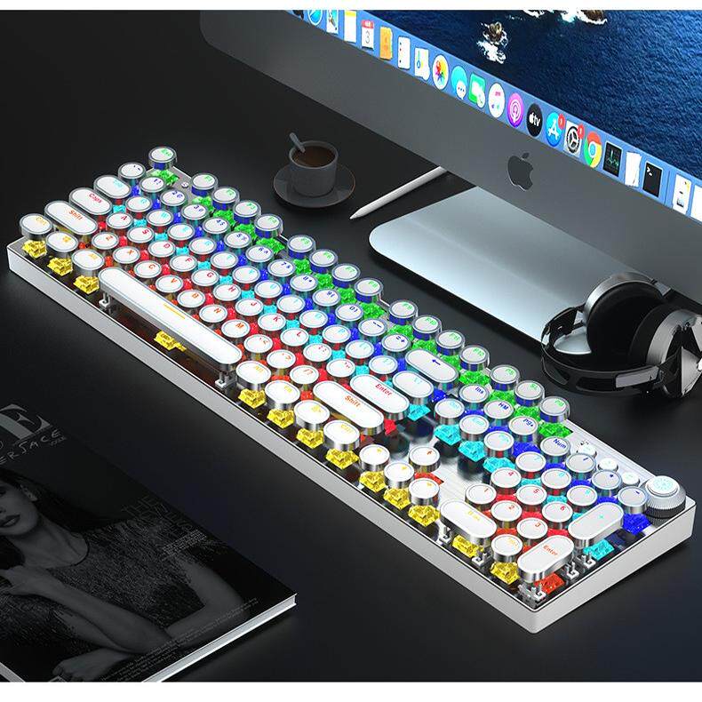 裂纹复古圆键青轴电竞游戏有线朋克机械键盘金属背光多媒体旋钮