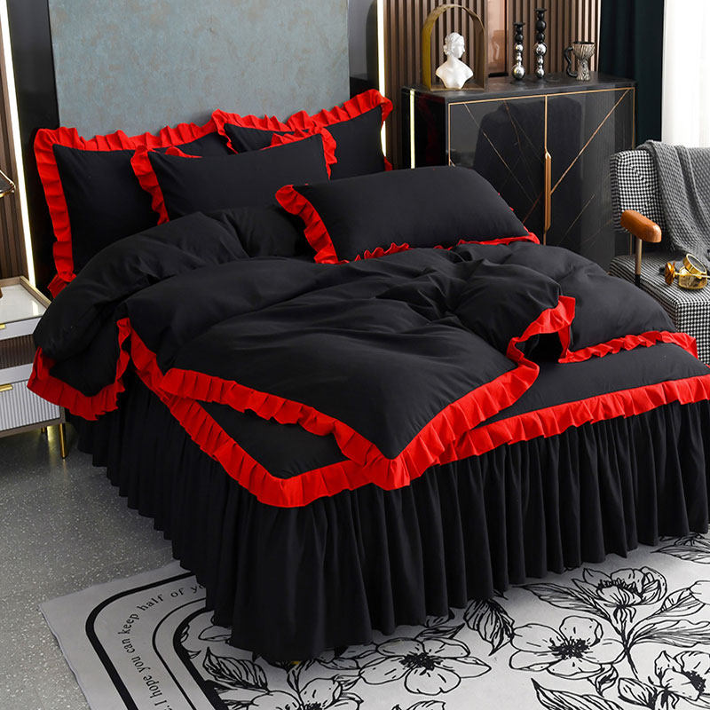 床裙款四件套韩版被套枕套床套3件套黑加红双拼荷叶边防尘罩大床