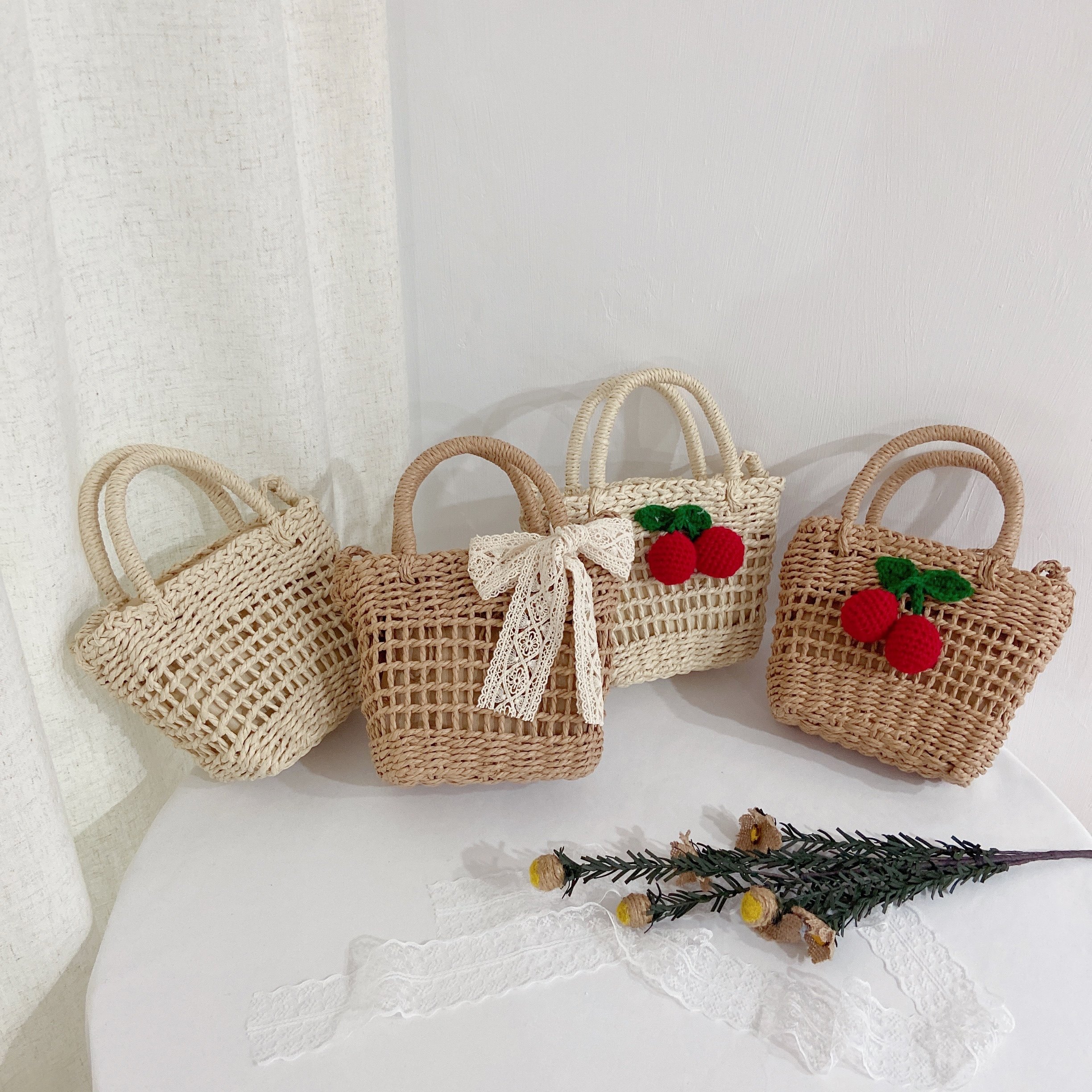 儿童编织手提包可爱樱桃小女孩斜挎包花边蕾丝仙女宝宝沙滩手拎包,童装/婴儿装/亲子装,包包,淘宝优惠券,粉丝福利购,淘宝优惠卷