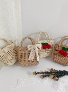 儿童编织手提包可爱樱桃小女孩斜挎包花边蕾丝仙女宝宝沙滩手拎包