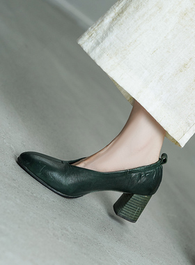 超舒适~铜绿色水洗马皮奶奶鞋复古气质秋冬单鞋一脚蹬高跟鞋真皮