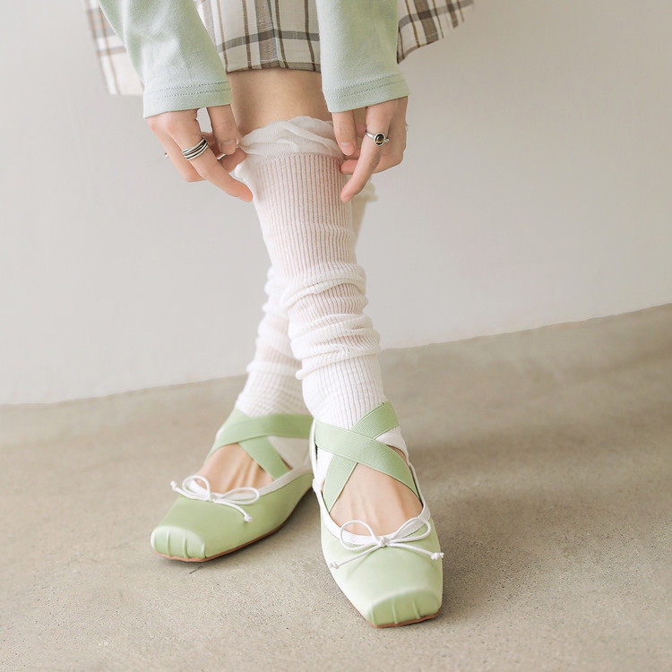 琪琪鹿意大利仿真丝~芭蕾舞鞋甜美风抹茶绿杏头猪鼻子鞋交叉绑带,女鞋,时尚芭蕾鞋,淘宝优惠券,粉丝福利购,淘宝优惠卷